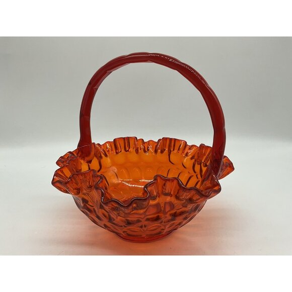 Fenton VTG Red Orange Amberina Thumbprint Glass Basket Ruffled Edge Grandmacore - Picture 10 of 16